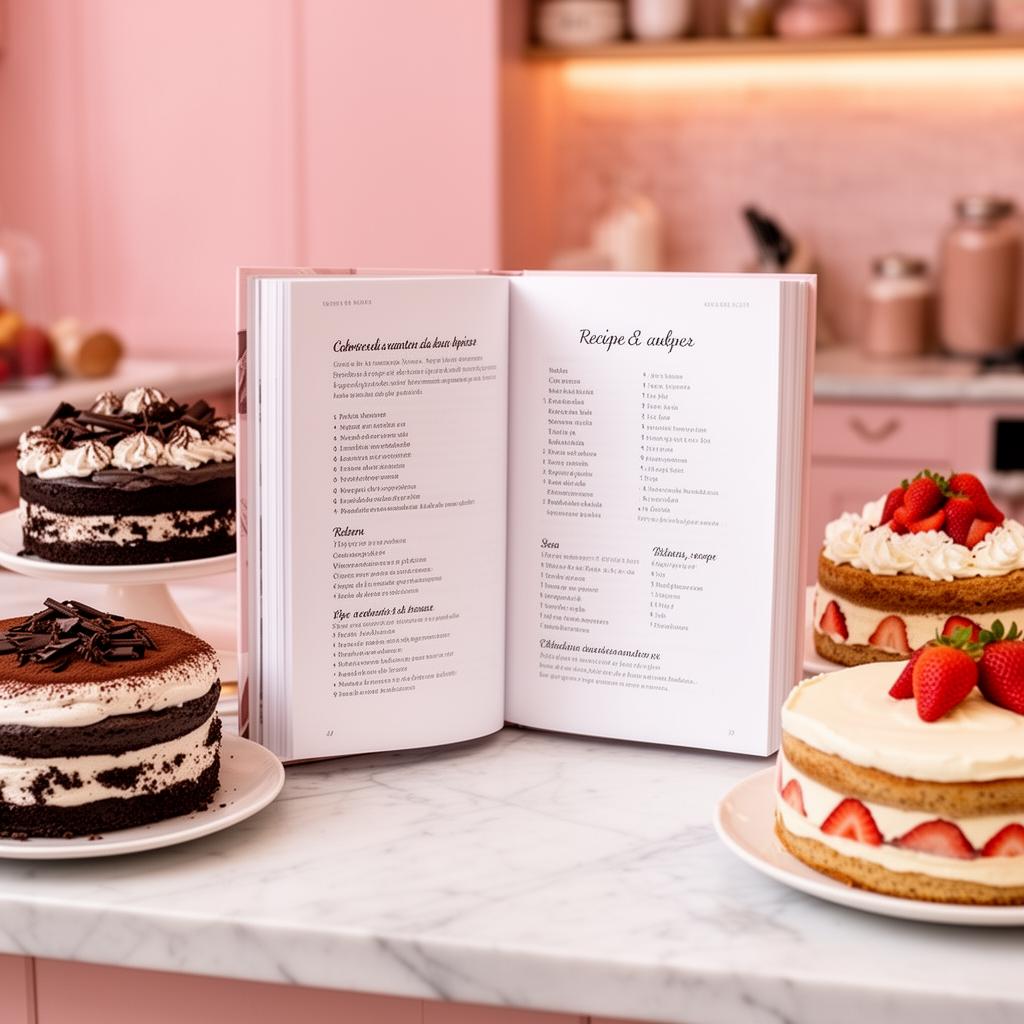 Manual de Repostería abierto sobre mesón con tortas